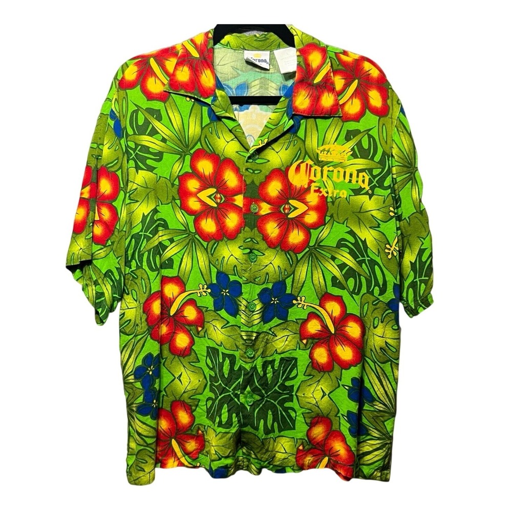 Corona‎ Extra Beer Tropical Hibiscus Parrot Rayon Button Up Shirt Mens Large